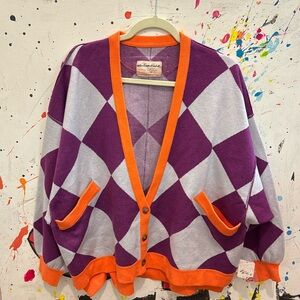 WE THE FREE CARDIGAN PURPLE/LILAC HARLEQUIN PATTERN W ORANGE ACCENTS
(NWTS)